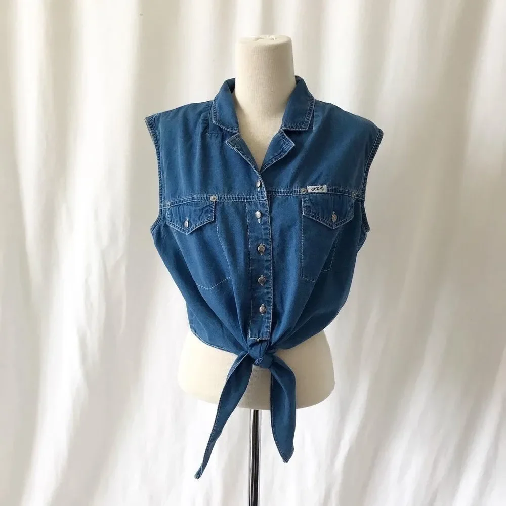 Vintage GUESS Denim Tie Front Top Y2K Western Retro Crop Shirt L - Picture 2 of 8